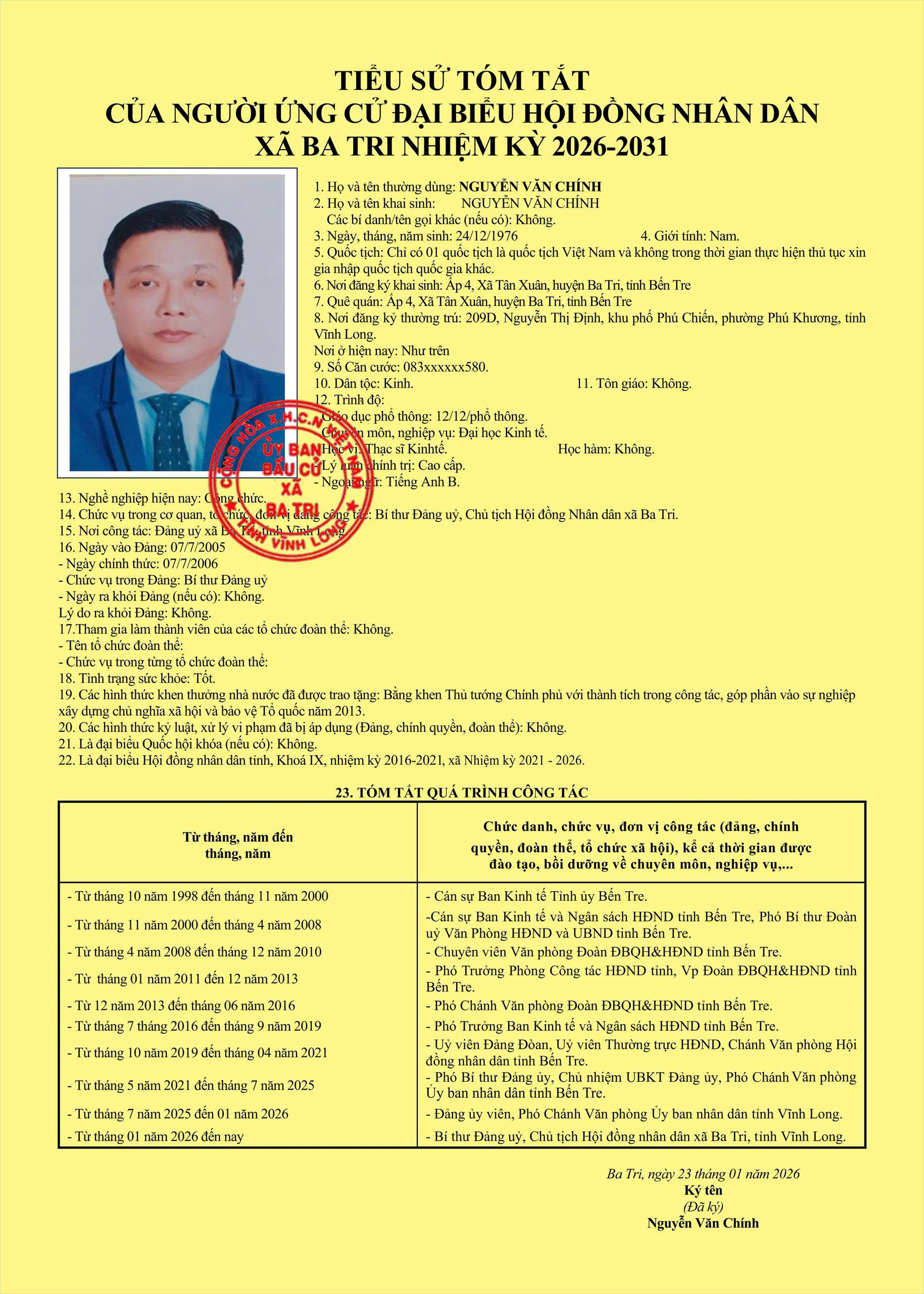 Chương trình hành động của đồng chí Nguyễn Văn Chính - Bí thư Đảng ủy, Chủ tịch HĐND xã Ba Tri